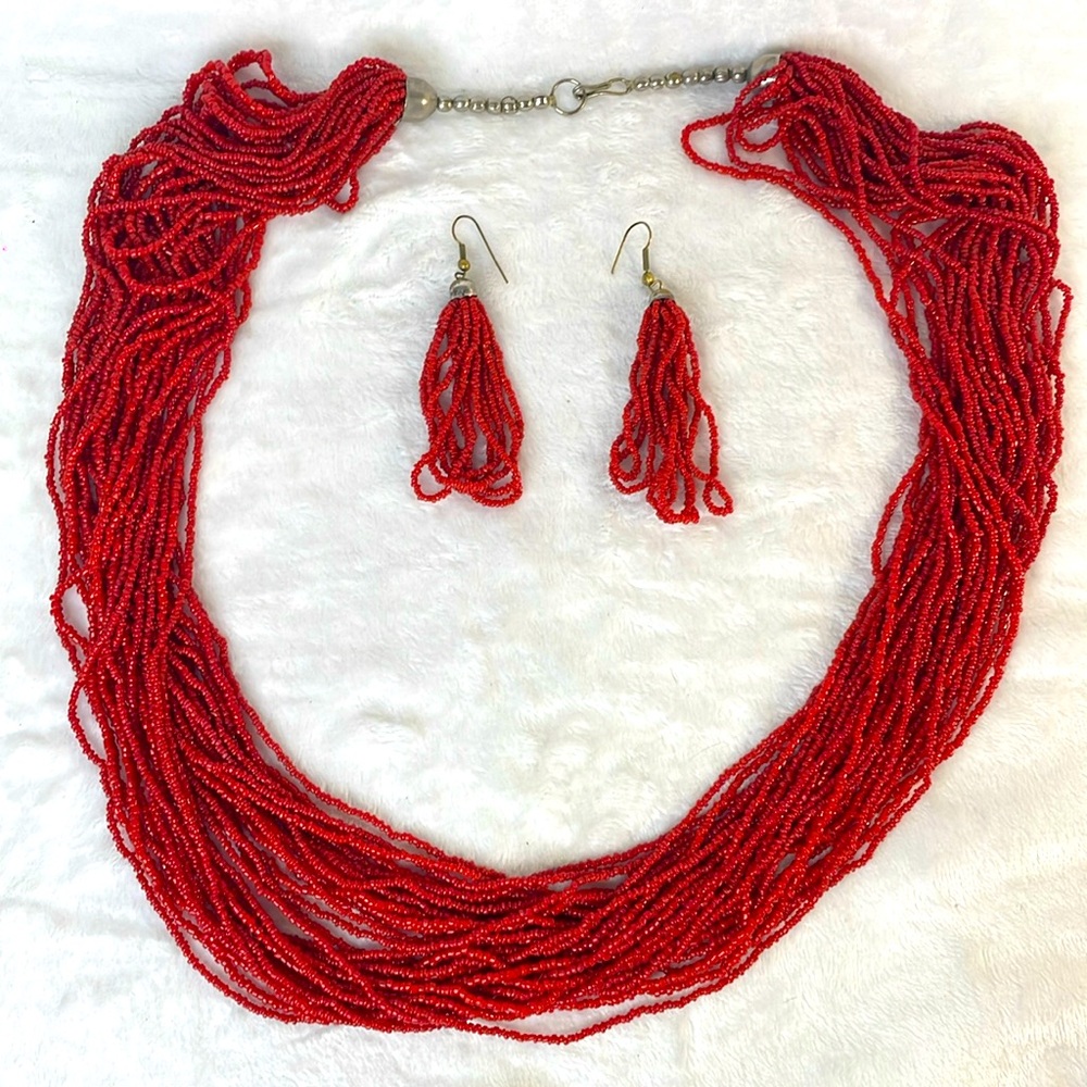 Vintage red coral necklace and earring set.